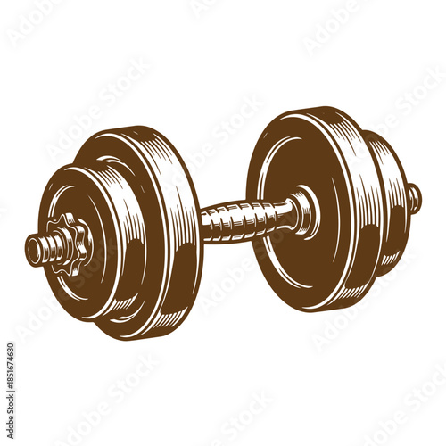 Vintage sketch illustration of a brown dumbbell isolated on white background for fitness