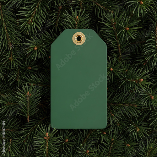 A minimalistic and elegant Christmas-themed image featuring a dark green tag set against a background of lush, green pine branches. 