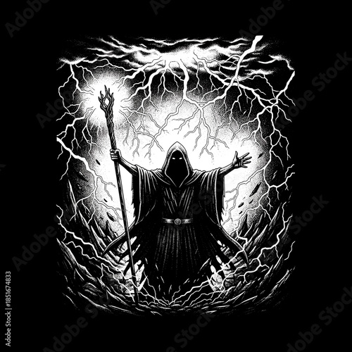 Mysterious Wizard Conjuring Powerful Magic with Staff and Lightning.