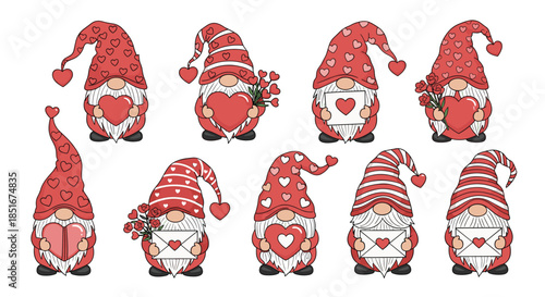 An adorable collection of ten Valentine's Day gnomes dressed in red and pink, holding hearts, roses, and love letters for a cute celebration.
