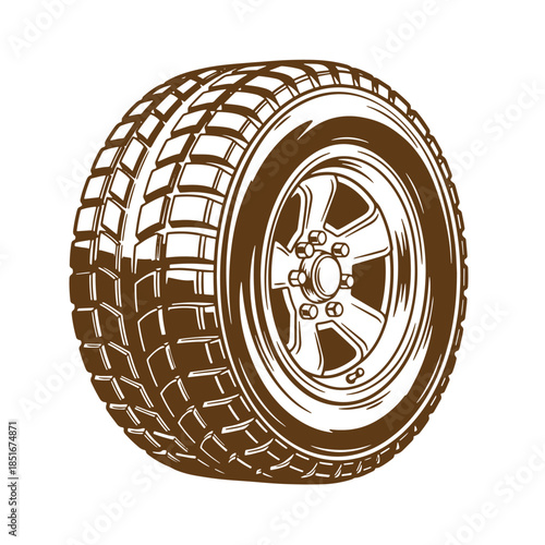 Vintage sketch illustration of a detailed car wheel and tire ready for any adventure