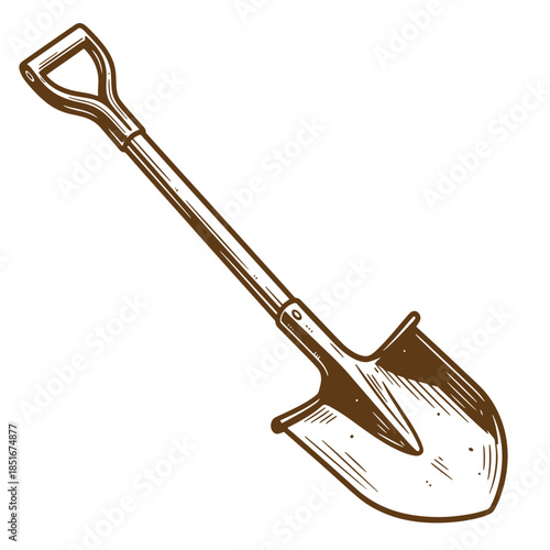 Vintage sketch illustration of a detailed hand shovel on a white background