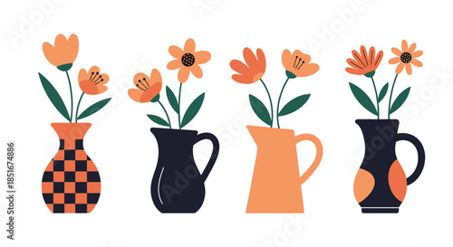 A modern collection of four stylish vases and pitchers with orange flowers, featuring contemporary patterns like checkerboard designs.