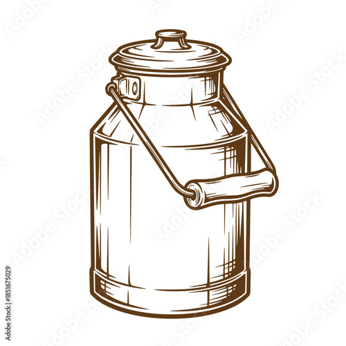 Vintage sketch illustration of a rustic milk can with handle and lid on white background