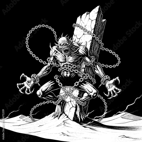 A terrifying zombie chained to a stone monument in a dramatic illustration.