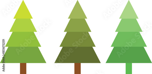 Set of three stylized evergreen pine trees in different shades of green isolated on white background for winter and nature designs