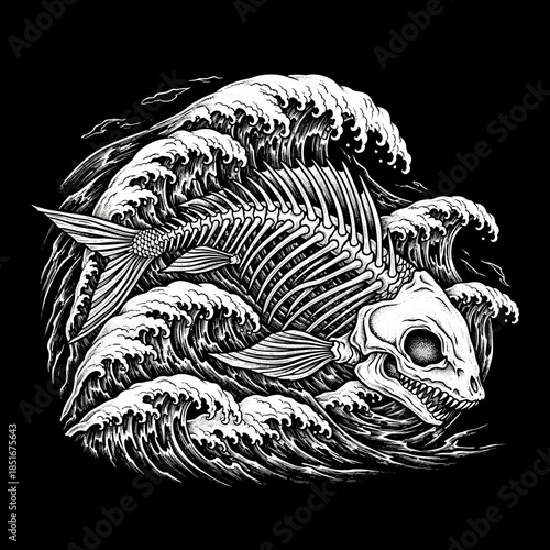 Detailed Fish Skeleton Emerging from Crashing Ocean Waves.