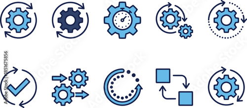 Process and automation icon set, gear and arrow symbols, workflow and system operations, blue vector for tech UI
