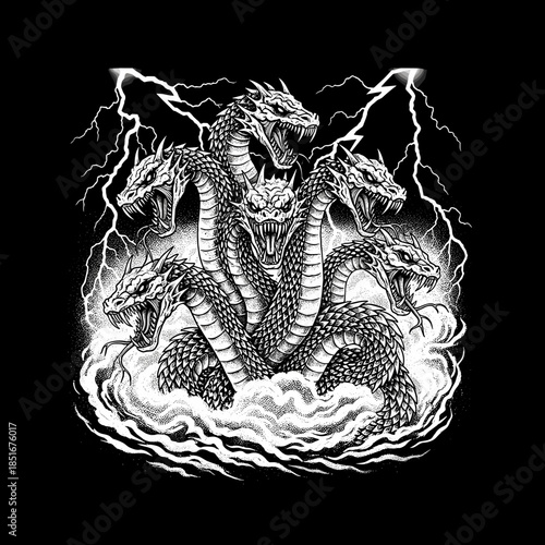 Mythical Multi Headed Serpent Creature Illustration.