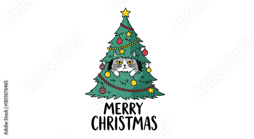 A humorous Christmas illustration of a grumpy cat hiding inside a decorated tree with the festive greeting Merry Christmas below.