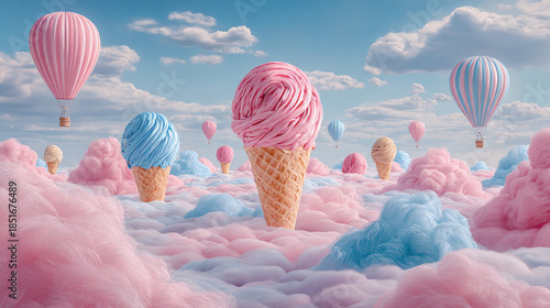 Ice cream dreams with balloons in sky concept. Whimsical ice cream cones floating in a dreamy cloud landscape.