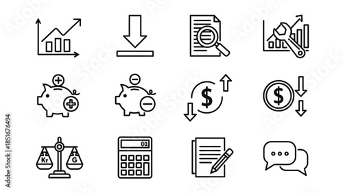 Set of business and finance line icons for various concepts.