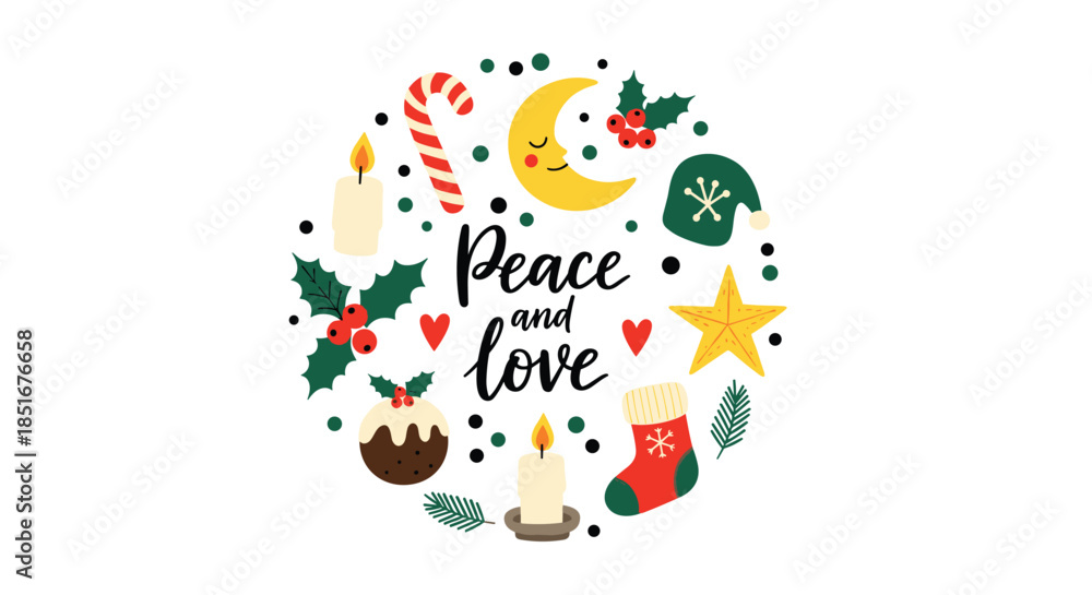 Fototapeta premium A charming circular arrangement of Christmas doodles including a candy cane, holly, and a moon with Peace and love calligraphy.
