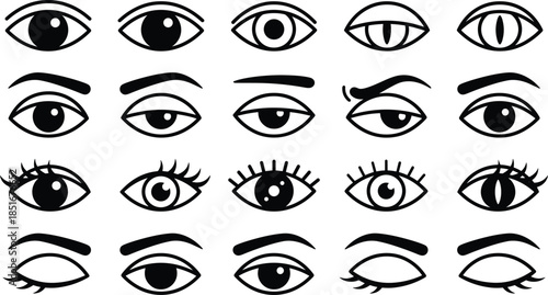 Stylized eye illustrations, expressive character design, unique pupil styles, eyebrow variations, emotion study, vector art collection, ideal for artists