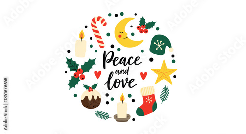 A charming circular arrangement of Christmas doodles including a candy cane, holly, and a moon with Peace and love calligraphy.