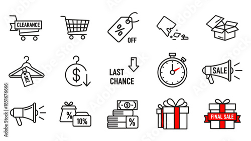 Set of black and white line art icons depicting various sale and discount related concepts.