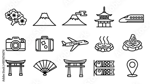 Set of black and white line art icons representing Japanese culture and travel.