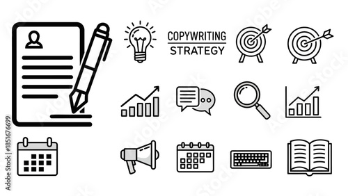 Set of Black and White Copywriting Strategy Icons.