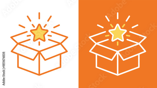 Surprise box icon set, glowing star burst, open cardboard illustration, minimal vector design, reward concept, dual color layout