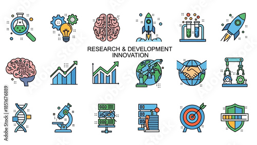 Research and Development Innovation Icons Set for Science and Technology.
