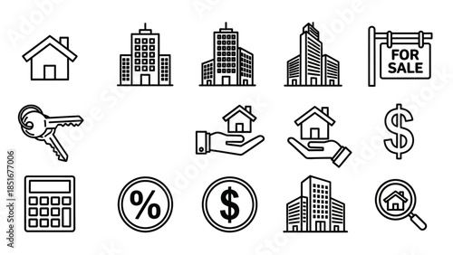 Real Estate Icons Collection Representing Property Business Transactions.