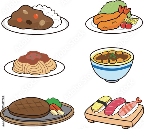 フラットな食べ物のイラストセット