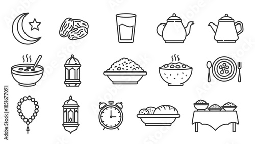 Ramadan Iftar Meal Icons Set for Islamic Celebration.
