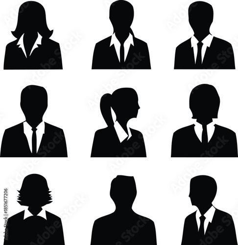 Business Silhouettes: An abstract array of professional silhouettes, representing a diverse collection of business individuals, designed to add a professional touch to various visual elements.