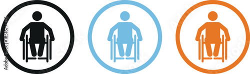 Wheelchair icon set, accessibility and disability symbols, inclusive design, black blue orange vector for public signage