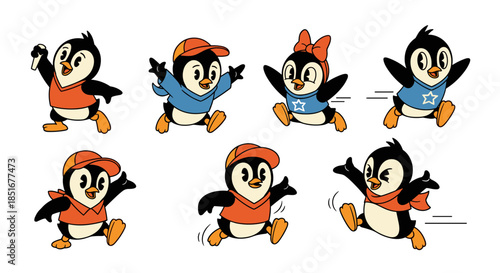 Cute cartoon penguins in various outfits and poses.