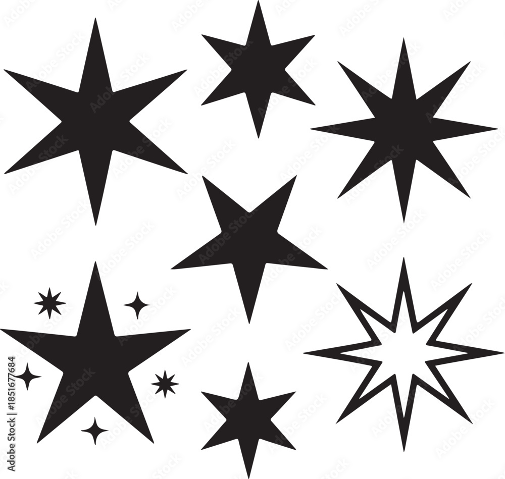 Fototapeta premium Assorted stylized stars and sparkles isolated on transparent background
