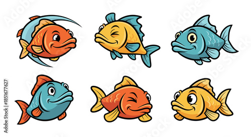 Set of Six Adorable Cartoon Fish Characters with Expressive Faces.