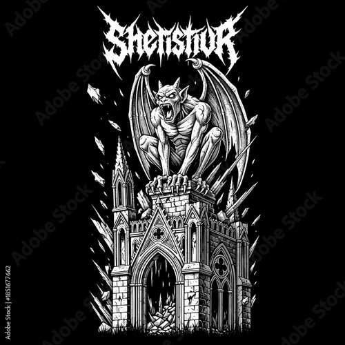 Gargoyle perched atop a gothic structure with demonic wings.