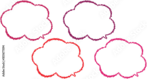 赤系のクレヨンで描いた吹き出しセット。雲の形をしたかわいい手描き風、少しずつ色が異なる。もこもこしている落書き風。