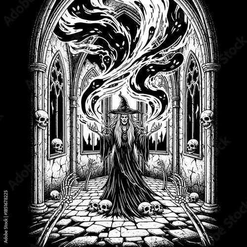 Witch casting a spell with ghostly spirits emerging from her hands.