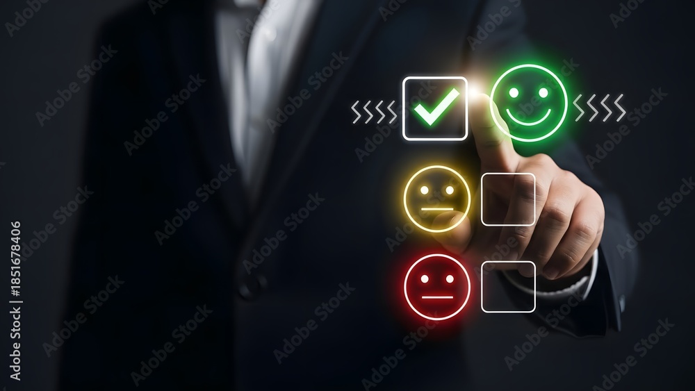 Obraz premium Businessman selecting a customer satisfaction rating using a glowing digital scale