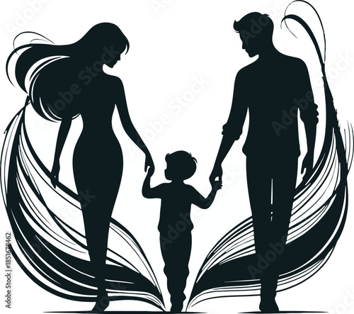 Family Silhouette: A heartwarming silhouette of a family, hand in hand, symbolizing love, togetherness, and familial bonds, set against a backdrop of flowing elements.