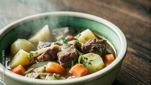 A gourmet meal featuring a healthy bowl of beef stew with mushrooms and vegetables alongside a chicken and vegetable soup creates a hearty dinner dish rich in potato, carrot, and onion