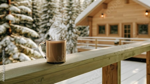 A hot cup of espresso coffee and a white mug of tea sit on a brown wooden cafe table during a morning breakfast break
