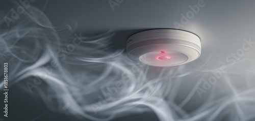 The smoke detector with glowing red alarm light amid swirling smoke in a ceiling
