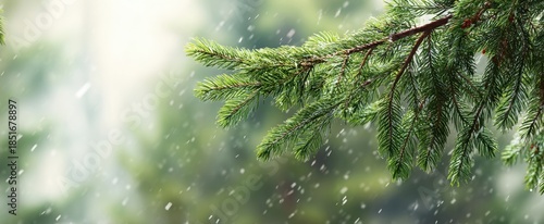The pine branch lightly dusted with falling snow against a soft green background
