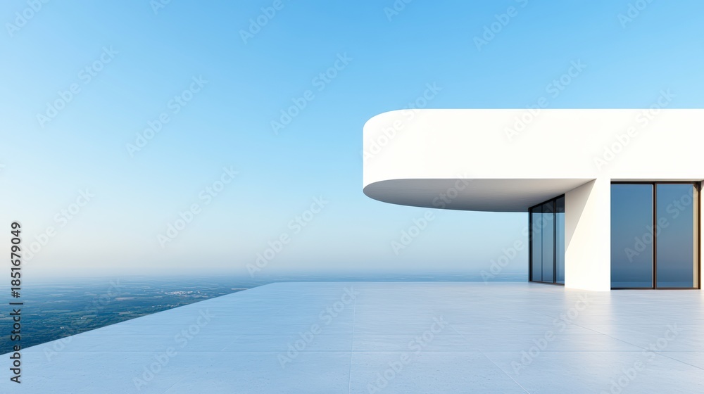 Fototapeta premium A modern architectural design showcasing a terrace overlooking a scenic landscape, ideal for real estate marketing, interior design inspiration, or promoting luxury living concepts,
