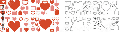 Delightful assortment of red and pink heart symbols, tags, and signs featuring love messages