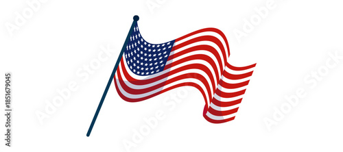 Waving American flag on a flagpole, symbolizing patriotism and national pride.
