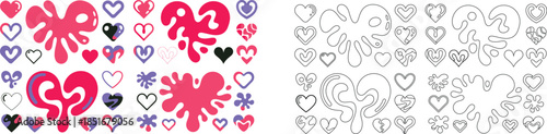 Diverse assortment of quirky hearts and colorful splatter shapes on a pristine white background