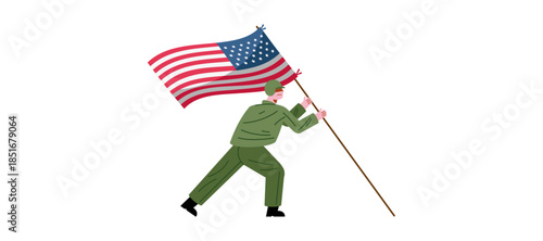 A person in a military uniform proudly holding a large American flag, symbolizing patriotism and national pride.