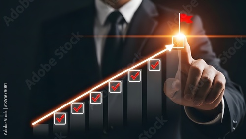 Businessman interacting with an upward trend chart showing progress toward goal achievement