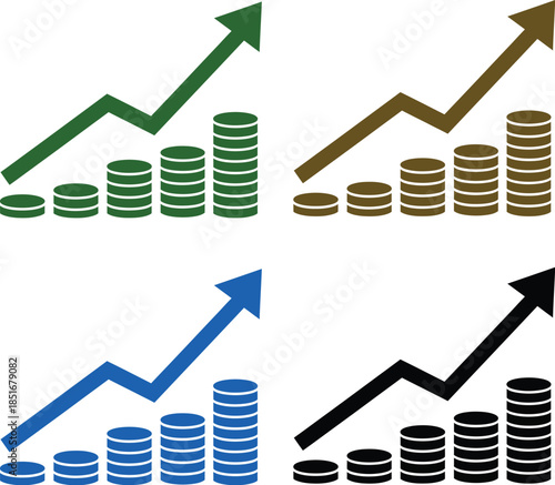 Four variations of green gold and black financial growth graphs with dollar signs and upward arrows