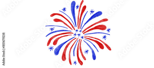 A vibrant watercolor illustration of a firework explosion in patriotic red and blue colors with small star accents.