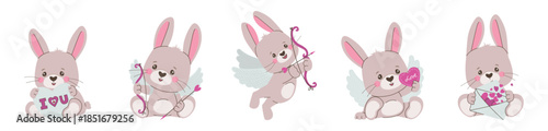 Set of adorable cartoon bunnies expressing love through various actions, like holding hearts and shooting arrows, in a whimsical and charming vector illustration.